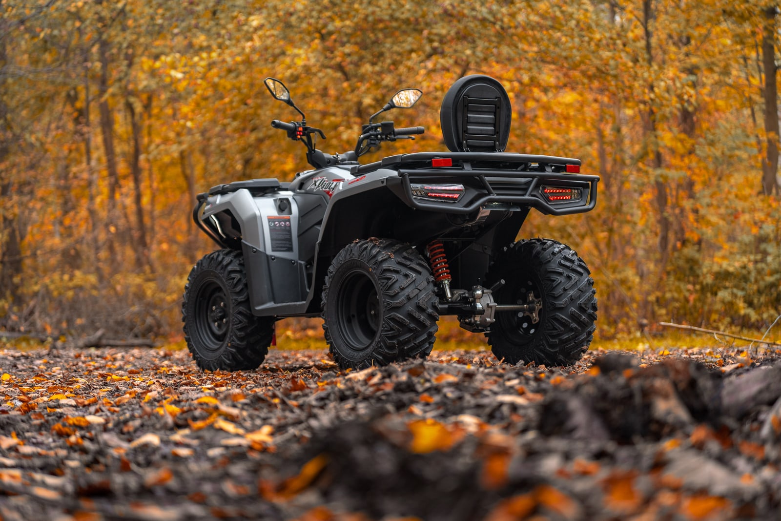 Loncin XWolf 300 Max в осеннем лесу, вид сзади